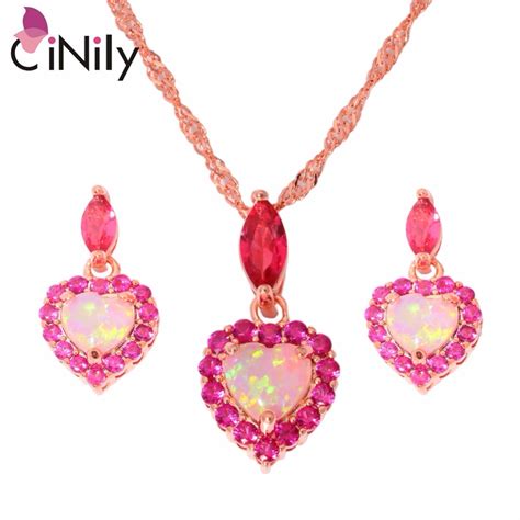 Cinily Pink Fire Opal Kunzite Jewelry Set Rose Gold Color Cz Red