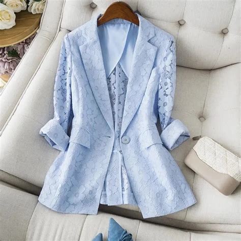 V Neck Blue Women Blazer 2023 New Elegant Lace Hollow Out Thin Summer
