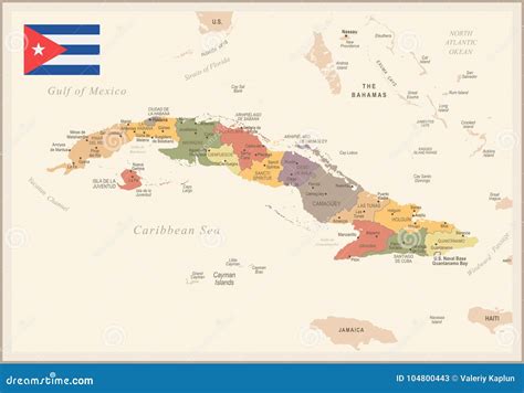 Cuba Vintage Map And Flag Detailed Vector Illustration Stock