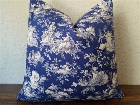 Toile Pillow Cover In Blue White And Beige Country Pillow Cover Cotton