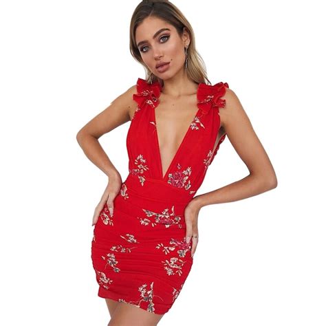 Summer Deep V Neck Dress Sexy Red Print Ruffled Backpack Sleeveless