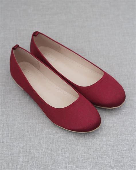Burgundy Satin Round Toe Slip On Flats Burgundy Shoes Womens Fashion