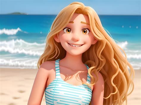 Premium Ai Image Smiling Teen Girl With Beautiful Blonde Hair Wearing A Swimsuit At The Beach