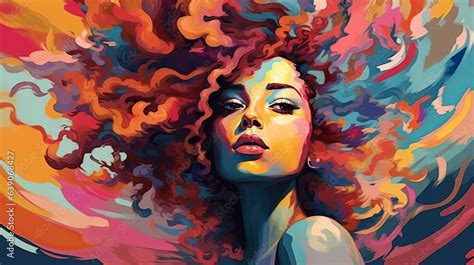Sexy African American Female And Her Big Amazing Colorful Afro On Colorful Swirls Background