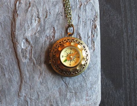 Working Compass Locket Necklace Antique Brass Round Locket Etsy