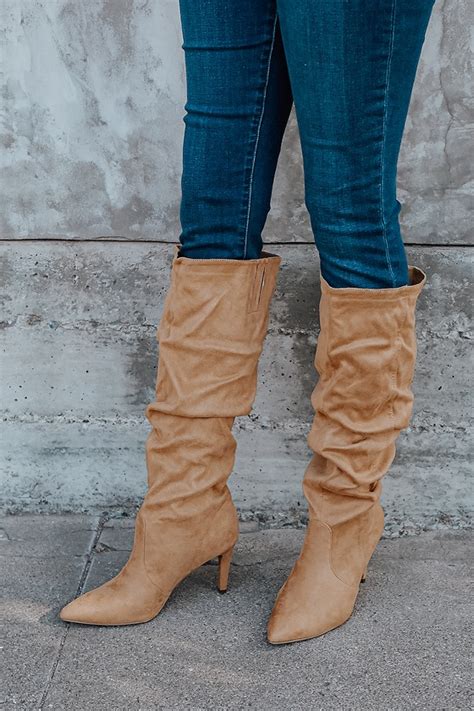 High quality and the heel height is perfect! Camel Knee High Boots - Pointed-Toe Boots - Faux Suede ...