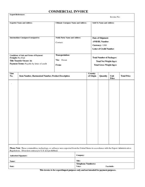 commercial export invoice sample business form
