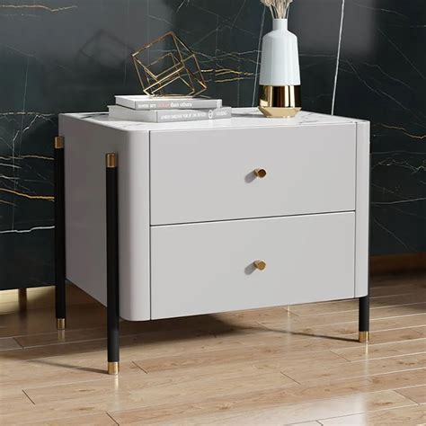 Modern Gray Nightstand Lacquered Luxury 2 Drawer Stone Top Bedside