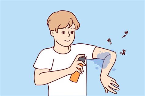 Smiling Man Applying Anti Mosquito Spray On Arms Guy Use Insect