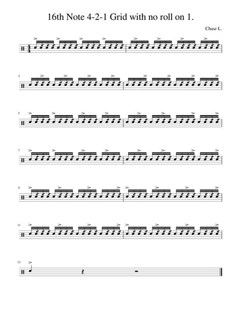 16th Note 4 2 1 Grid With No Roll On 1 Sheet Music For Drum Group