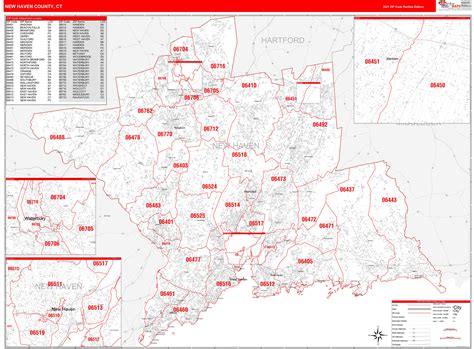 New Haven County Ct Zip Code Wall Map Red Line Style By Marketmaps