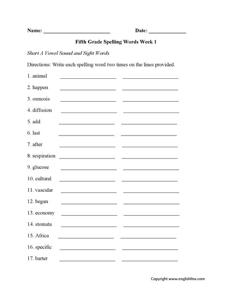 Th Grade Spelling Word Lists