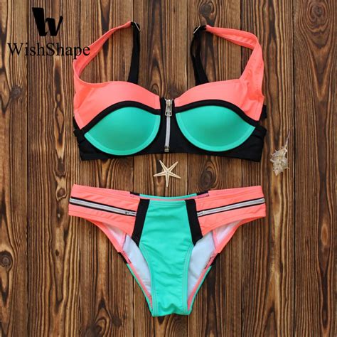 Swimwear Women 2017 New Push Up Bikini Set Two Piece Patchwork Chest Zipper Beach Bathing Suit