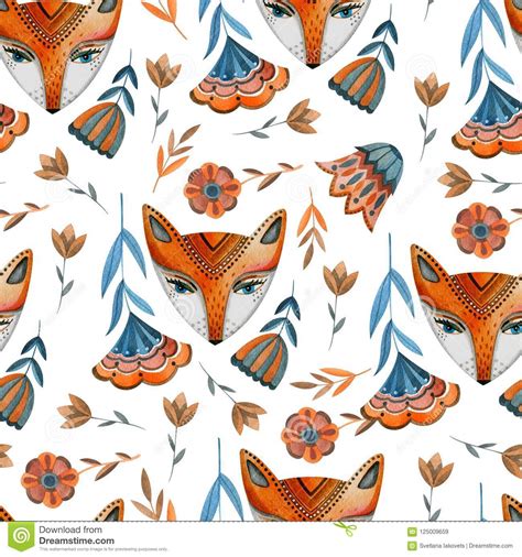 Seamless Watercolor Pattern Of Foxes Surrounded By Flowers And Plants