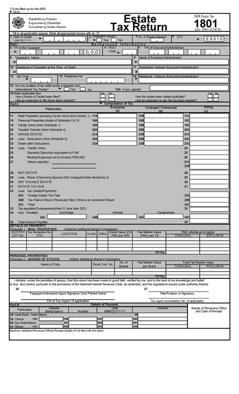 Bir Form No 1801 Estate Tax Return Sample File To Be Filled Up By