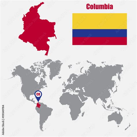 Columbia Map On A World Map With Flag And Map Pointer Vector