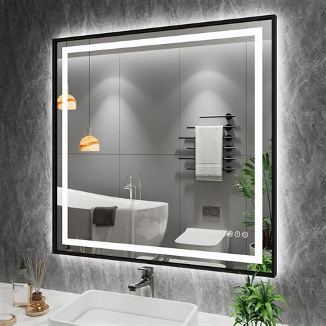 Amorho 40x 38 Led Bathroom Mirror With Black Frame Front Light And Backlit