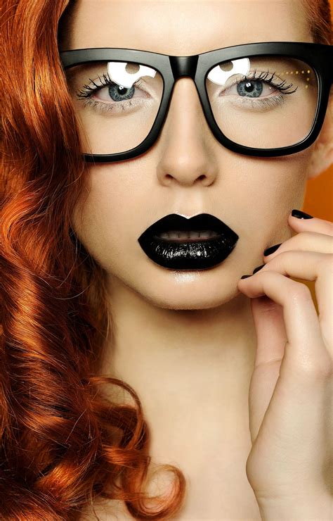 Black Rim Eyeglasses Lips Black Lipstick Ginger Hair Model Beauty Fashion Pretty