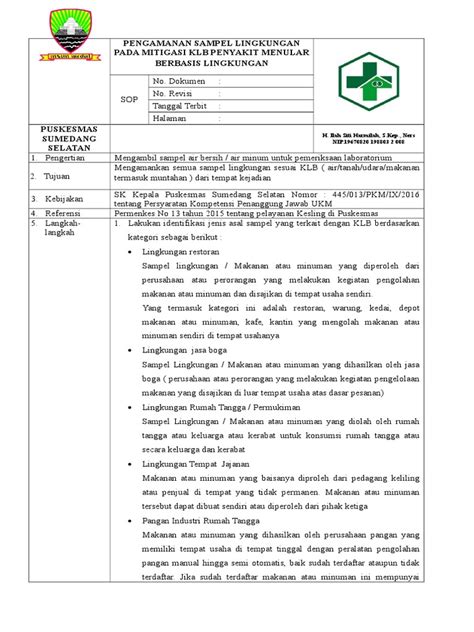 Sop Pengamanan Sampel Kejadian Klb Pdf