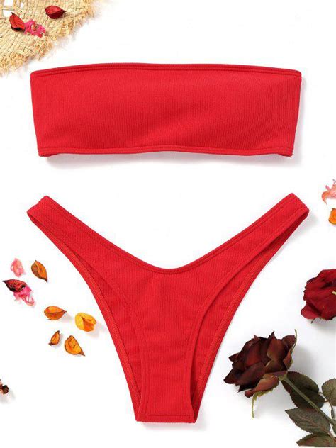 [30 off] [hot] 2019 high cut ribbed bandeau bikini set in red zaful