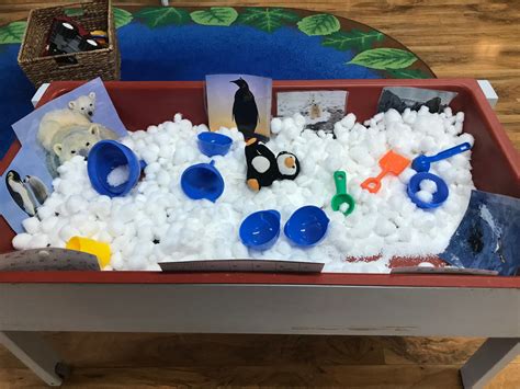 I Put Cotton Balls And Instant Snow In The Sensory Table Then I Hid