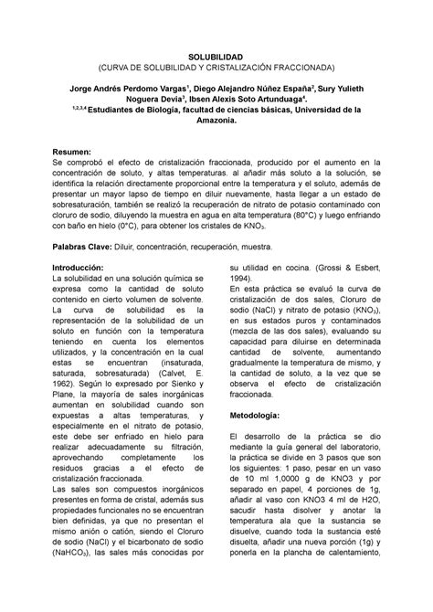 Informe Química I práctica solubilidad CURVA DE SOLUBILIDAD Y CRISTALIZACIÓN FRACCIONADA
