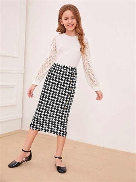 Girls Houndstooth Split Back Pencil Skirt