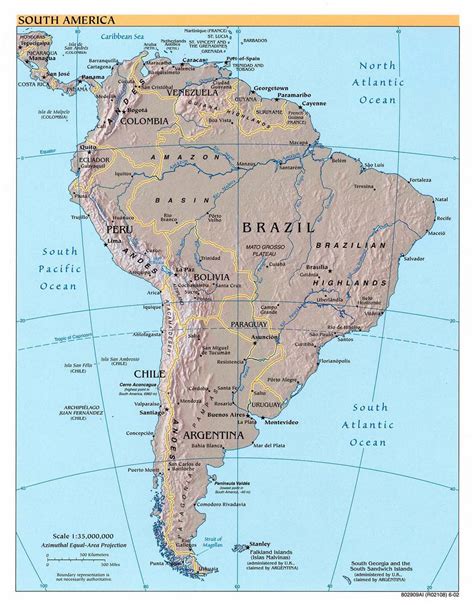 Mapa grande política detallado de América del Sur con alivio América del Sur Mapas