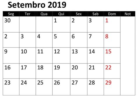 Calendário Setembro 2019 Excel Calendário Setembro