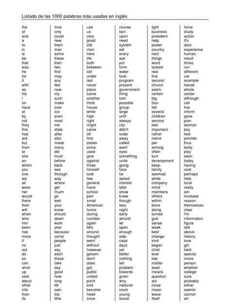 Listado De Las 1000 Palabras Más Usadas En Inglés English Language