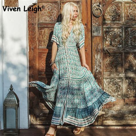 Viven Leigh Retro Gypsy Oracle Printed Long Dresses Bohemian Style 2018