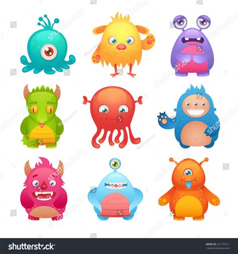 Cute Cartoon Monsters Funny Alien Character Icons Set