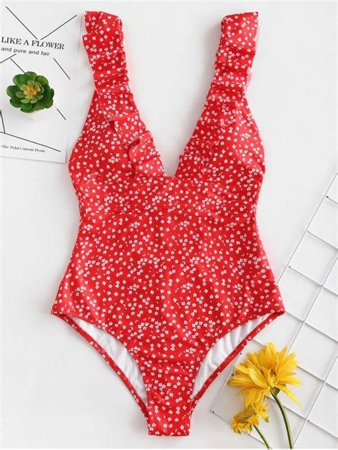 26 Off 2021 Zaful Ruffles Tiny Floral One Piece Swimsuit In Lava Red