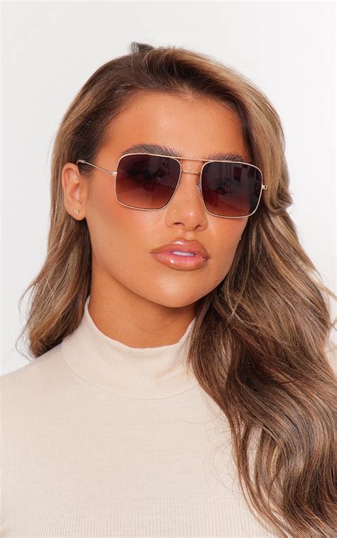 Gold Metal Square Frame Aviator Sunglasses Prettylittlething Aus