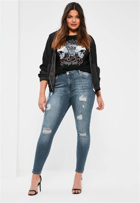 Missguided Plus Size Blue Sinner High Waisted Ripped Skinny Jeans Plus Size Skinny Jeans