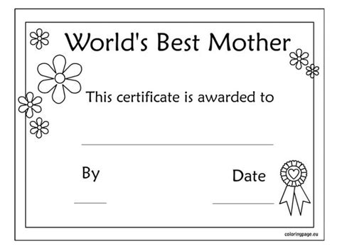 Worlds Best Mom Certificate Mothers Day Printable Coloring Page