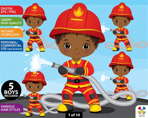 Black Boy Firefighter Clipart Vector Fireman Afro Little Etsy Hong Kong