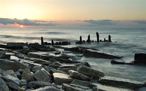 Beaches Shore Coast Ocean Sea Sky Sunset Sunrise Stone Rocks Decay Ruin