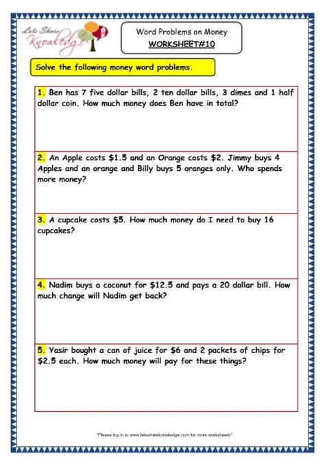 grade 3 maths worksheets 105 word problems on money