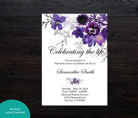 Violet Floral Funeral Announcementinvitation Template Funeral Design