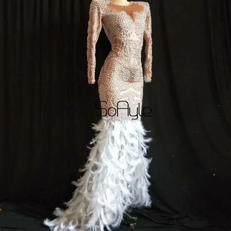 Luxury Pearl White Feather Prom Wear O Neck Long Sleeve Dance Stage Dj Party Dress Adult Mermaid