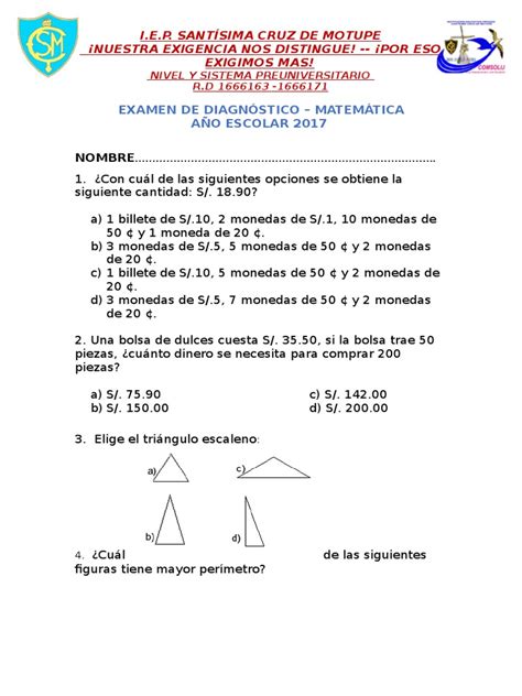 Examen De Diagnostico De Matematica De Quinto De Primaria 2017 Pdf