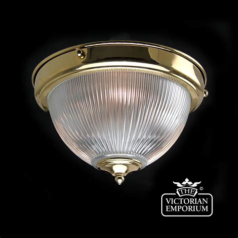 Reeded Glass Flush Mount Ceiling Light In Polished Brass