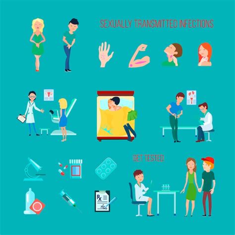 colored flat and isolated sexual health diseases icon set with different infections symptoms