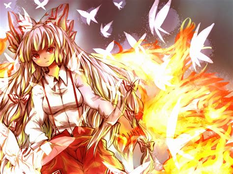 Fire Mokou Long Red Eyes 1080P Blondes Touhou Fujiwara No Mokou