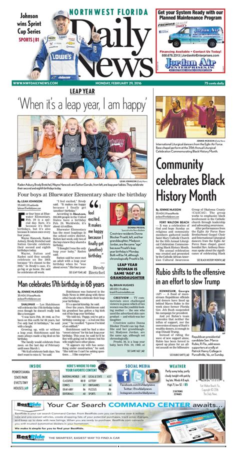 The Feb 29 2016 Front Page Of The Northwest Florida Daily News