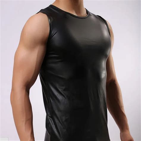 Summer Men Tank Tops Fashion Solid Black Faux Leather Top Tees Sexy Sleeveless Vest For Man S Xl