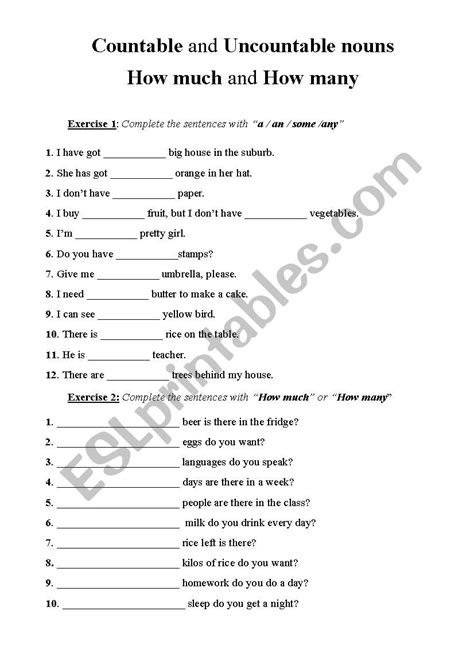 Countable And Uncountable Nouns Worksheet For Grade 3