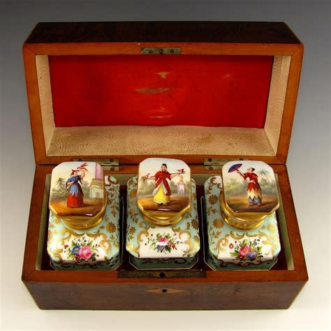 Antique French Inlaid Tea Caddy Chest Hand Painted Porcelain From