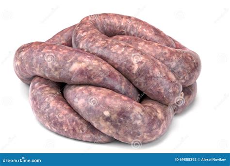 Some Raw Bratwurst In Natural Casing Isolated On White Stock Photo